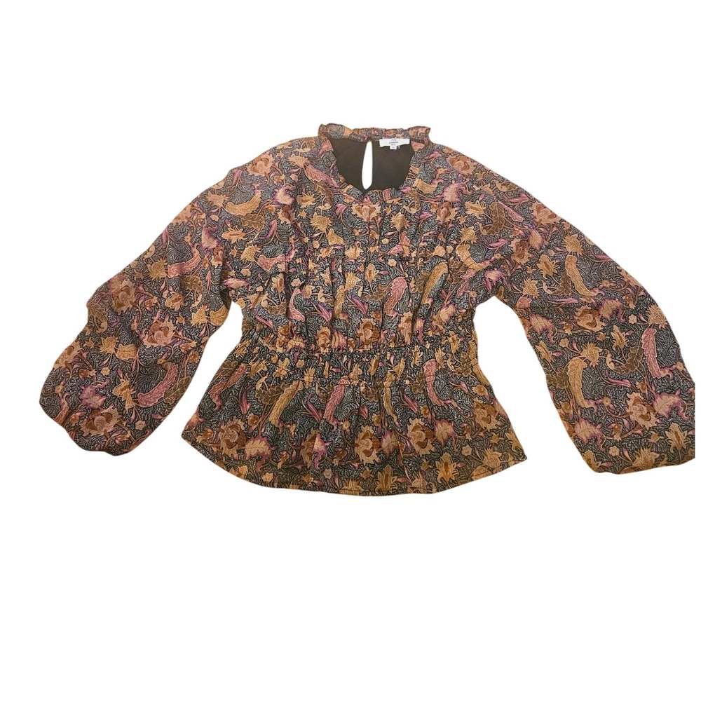 Entro Womens Paisley Floral Smocked Peplum Blouse Metallic Gold Accents Size M